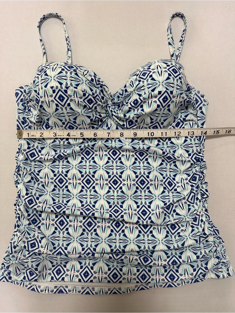 Helen Jon Women’s Ruched Geometric Tankini Top Swimsuit Blue & White Coastal - Picture 11 of 13